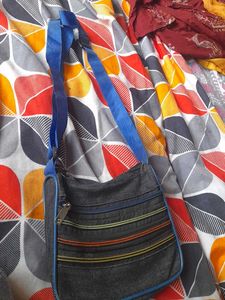Denim Crossbody Bag with Colorful Zippers