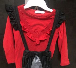 Cute Red Top &amp; Denim Overalls Set