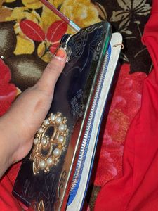 Stylish Blue Wallet with Pearl Embellishment