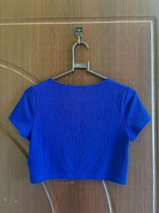 Blue Ribbed Cropped Cardigan with Butterfly Clasp