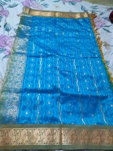 Pattu Blue &amp; Gold Sari with Blouse