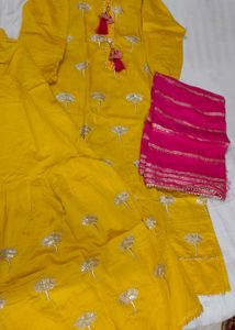 Yellow Kurta Set with garara &amp; Pink Dupatta