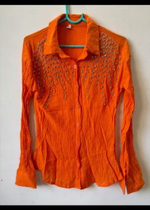 Embellished Orange Crinkle Shirt