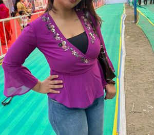Purple Floral Embellished Wrap Top