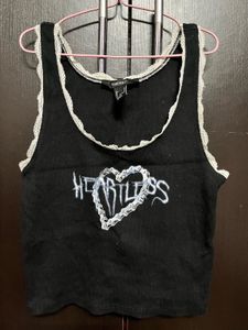 Black "Heartless" Crop Top with Lace Trim