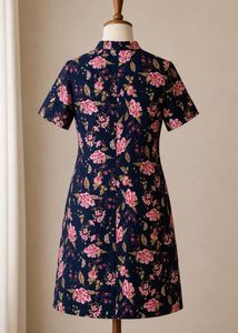 Navy Floral Print A-Line Dress with Choker Neck
