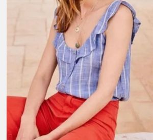 Blue Striped Ruffle Button-Up Top