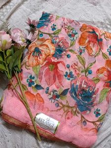 Beautiful Floral Pink Saree with unstitched blouse