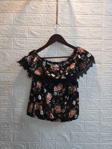 Off-Shoulder Floral Print Top with Lace Trim