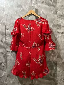Chic Red Floral Ruffle Dress