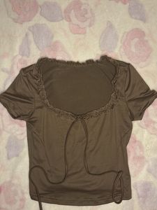 Brown Ruffled Neck Tie-Up Top
