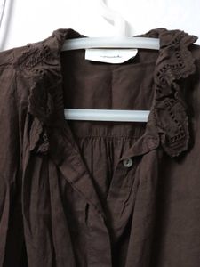 Elegant Brown Lace Trim Blouse