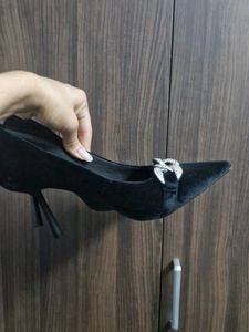 M&S Black Velvet Heels with Rhinestone Buckle
