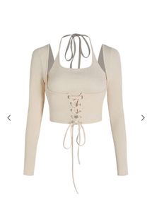Cream Lace-Up Crop Top with Long Sleeves