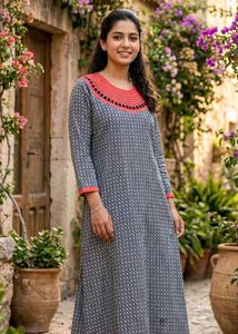 Stylish Printed Kurta with Red Neckline