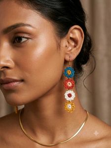 Long Handmade Crochet Flower Dangle Earrings