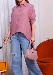 Shein Mauve Button-Down Puff Sleeve Top