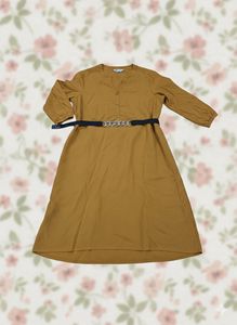 Casual Mustard Dress With Free Waist Black Belt