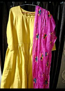 Elegant Yellow Kurta with Pink Dupatta