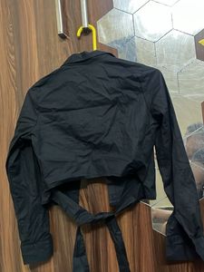 Black Cropped Button-Up Shirt with Tie Sleeves