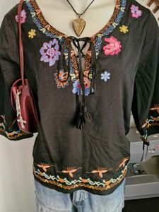Boho Embroidered Black Top