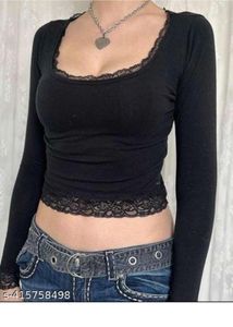 Y2K Style Black Lace Bordered Long Sleeve