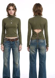 Green Turtleneck Top with Back Detail