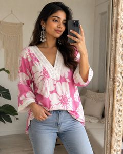 Summer sale-Pink Floral Kurta with Lace Detail