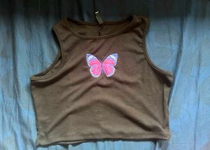 Brown Ribbed Tank Top with Butterfly Embroidery