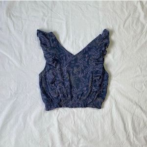 Blue Tropical Print Ruffle Top