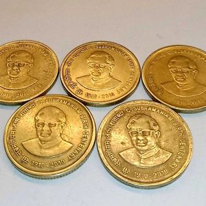 Set Of 5 Five Rupee C.Subramaniam Centenary Coins