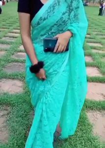 Stunning Teal Lace Saree with Pearl Embellishments