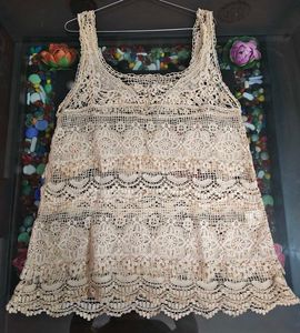 Cream Crochet Lace Sleeveless long Top