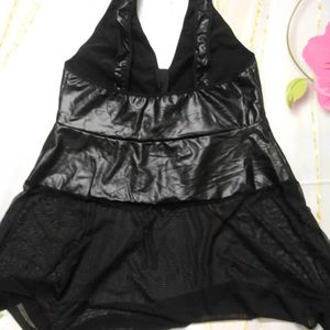 (1300)Black Faux Leather Mesh Dress