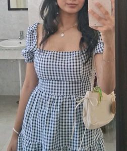 Blue Gingham Puff Sleeve Dress