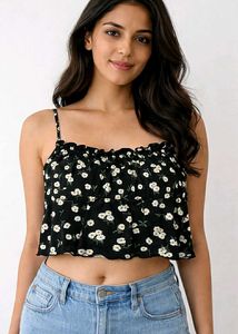SHEIN Black Floral Frill Crop Top – Size L