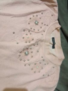 Pearl Embellished Pink Knit Sweater