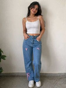 Cute Bow Detail Wide Leg Jeans