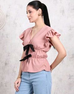 Shein Stylish Pink Bow-Tie Top