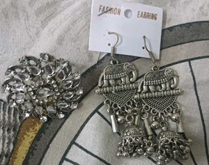 Oxidized Elephant Jhumka Earrings & Brooch Set