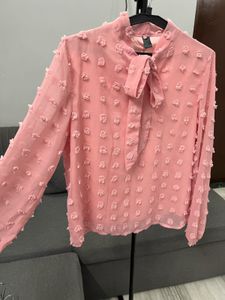 Shein Pink Textured Bow Blouse