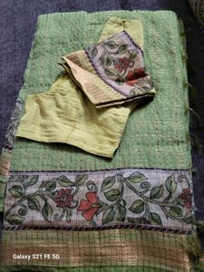Green Saree with Floral Blouse