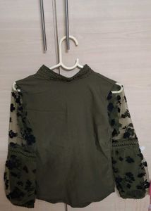 Stylish Olive Green Top with Black Floral Sleeves