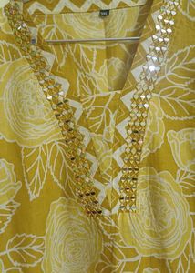 Yellow Floral Kurta Set with Embellished Neckline