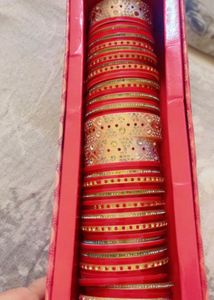 (Punjabi chura)Elegant Red &amp; Gold Bangles Set