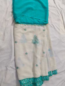 Elegant Teal &amp; White Saree with Blouse