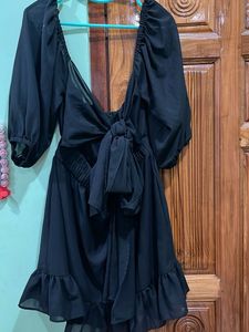 Black Puff Sleeve Mini Dress, off shoulder