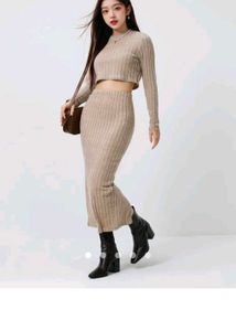 Title: Beige Ribbed Knit Co-Ord Set | Crop Top & M