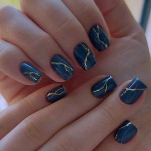 Chic Navy & Gold Marble Nails