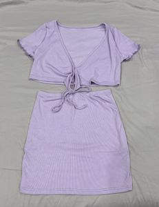 Lavender Ribbed Tie-Front Crop Top & Skirt Set